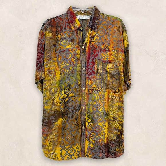 Ann Tjian x Kenar Abstract Multicolor Rayon Short Sleeve Button Down Shirt Sz S - Picture 1 of 6